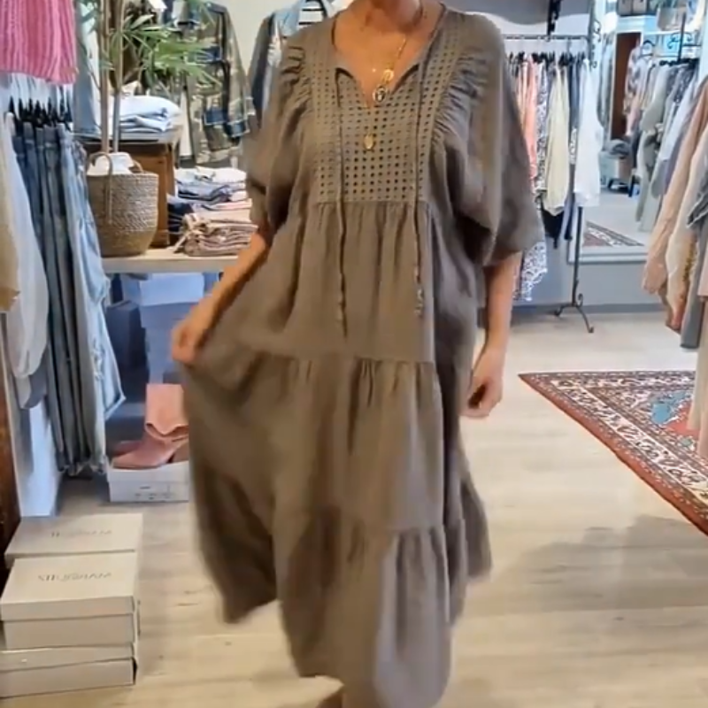 Mehrlagiges, einfarbiges, langes Kleid mit V-Ausschnitt und halben Ärmeln für Damen