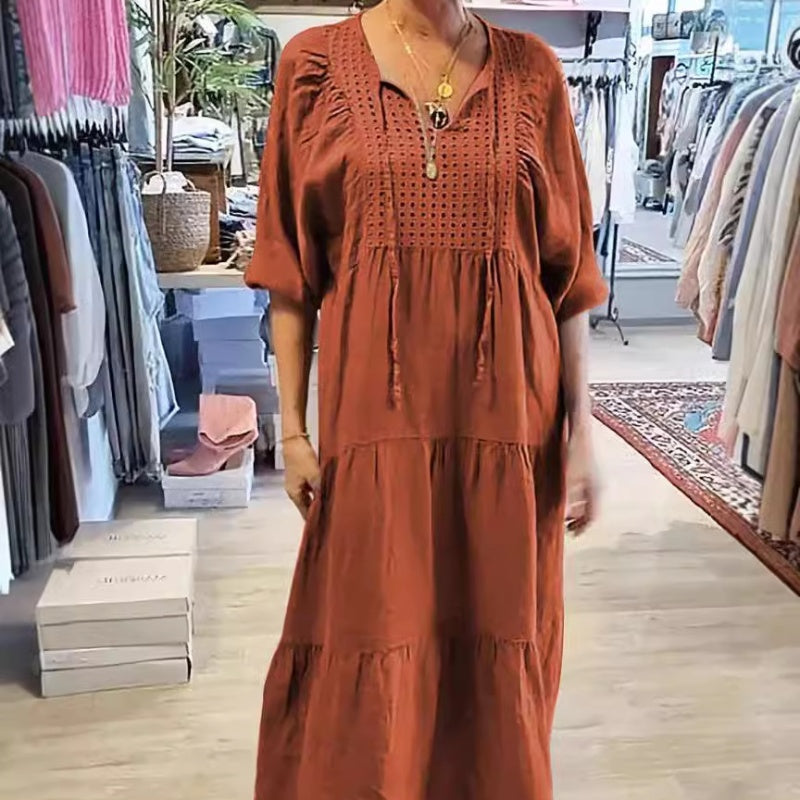 Mehrlagiges, einfarbiges, langes Kleid mit V-Ausschnitt und halben Ärmeln für Damen