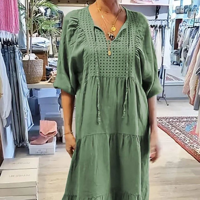 Mehrlagiges, einfarbiges, langes Kleid mit V-Ausschnitt und halben Ärmeln für Damen