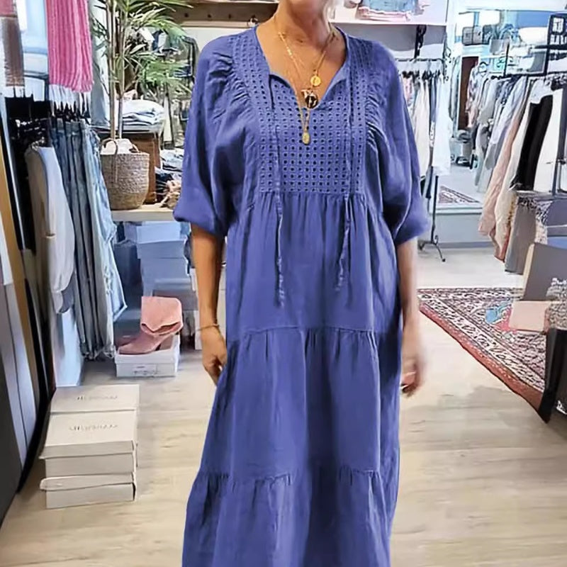 Mehrlagiges, einfarbiges, langes Kleid mit V-Ausschnitt und halben Ärmeln für Damen