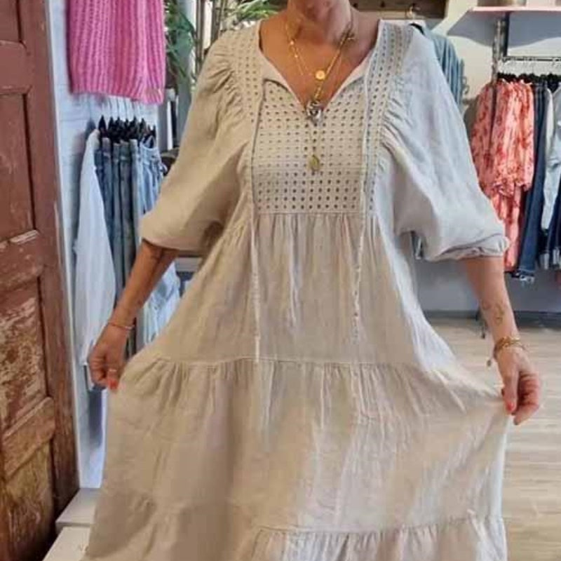 Mehrlagiges, einfarbiges, langes Kleid mit V-Ausschnitt und halben Ärmeln für Damen