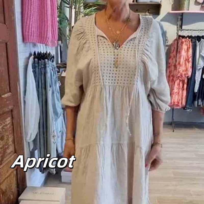 Mehrlagiges, einfarbiges, langes Kleid mit V-Ausschnitt und halben Ärmeln für Damen