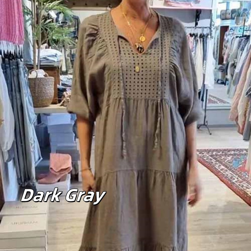 Mehrlagiges, einfarbiges, langes Kleid mit V-Ausschnitt und halben Ärmeln für Damen