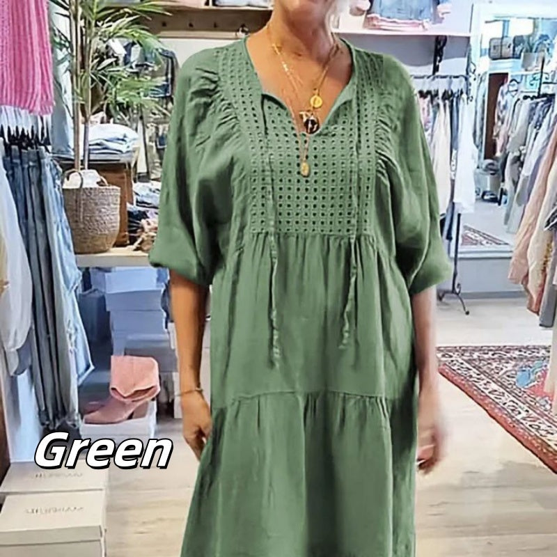 Mehrlagiges, einfarbiges, langes Kleid mit V-Ausschnitt und halben Ärmeln für Damen