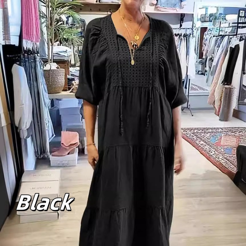 Mehrlagiges, einfarbiges, langes Kleid mit V-Ausschnitt und halben Ärmeln für Damen