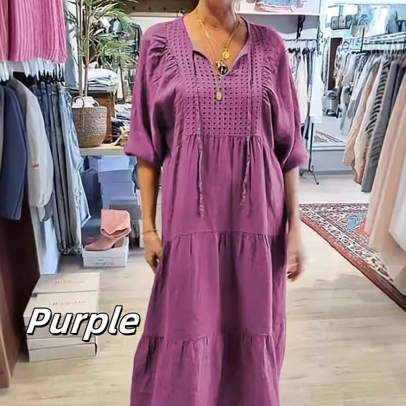 Mehrlagiges, einfarbiges, langes Kleid mit V-Ausschnitt und halben Ärmeln für Damen