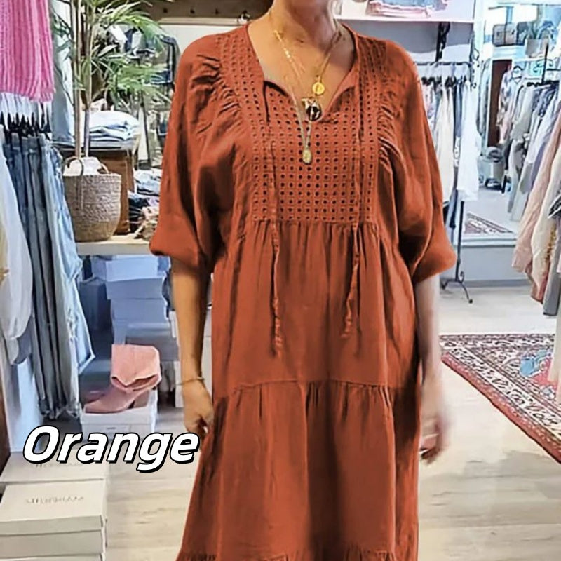 Mehrlagiges, einfarbiges, langes Kleid mit V-Ausschnitt und halben Ärmeln für Damen