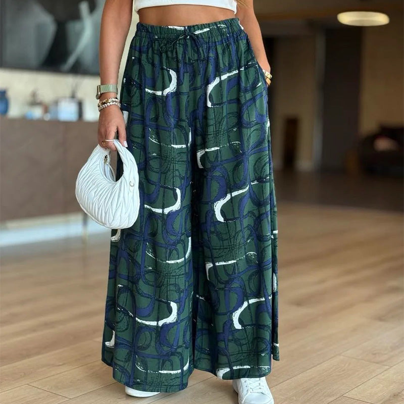Lässige bedruckte Hose mit weitem Bein und Taschen für Damen