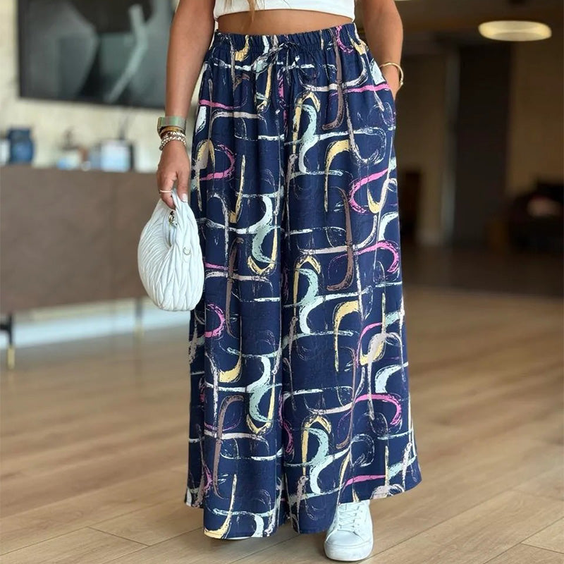 Lässige bedruckte Hose mit weitem Bein und Taschen für Damen