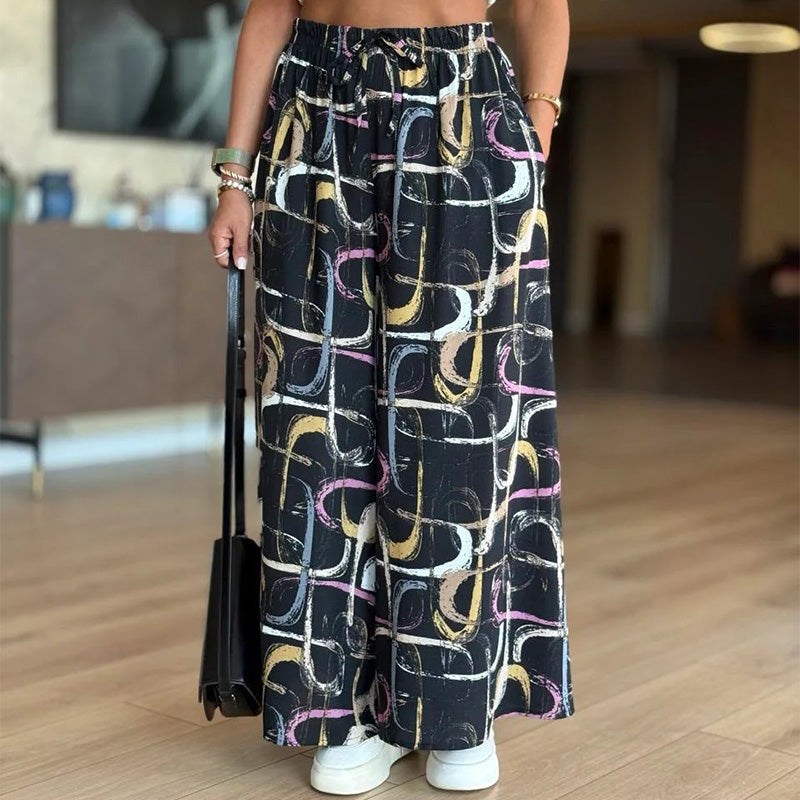 Lässige bedruckte Hose mit weitem Bein und Taschen für Damen