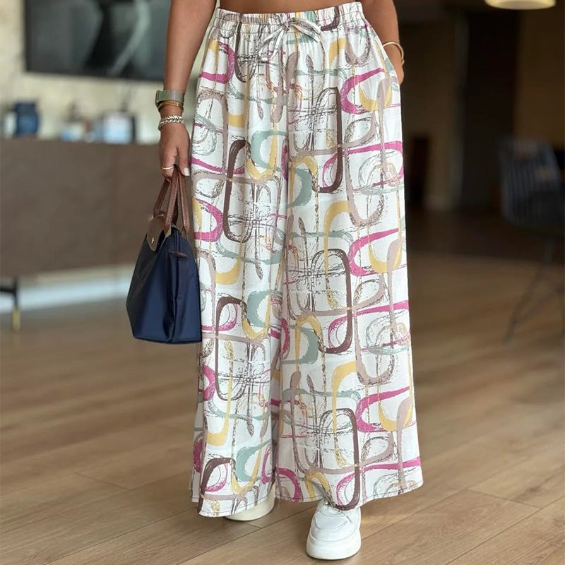 Lässige bedruckte Hose mit weitem Bein und Taschen für Damen