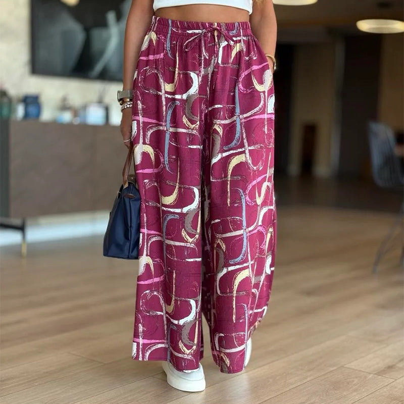 Lässige bedruckte Hose mit weitem Bein und Taschen für Damen