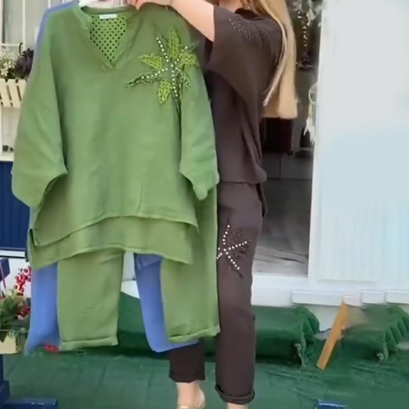 🔥✨Lockeres, atmungsaktives Zweiteiler-Set aus Baumwolle und Leinen für Damen – Oberteil und Hose