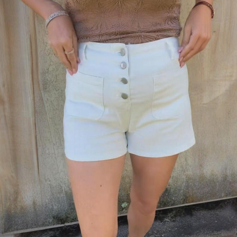 ✨Weiße High-Waist-Jeansshorts für Damen mit mehreren Knopfreihen