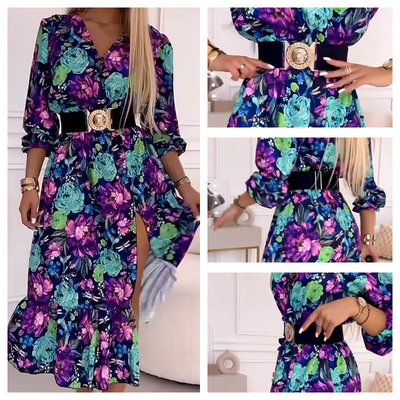 Elegantes Damenkleid mit Blumendruck, V-Ausschnitt und Seitenschlitz