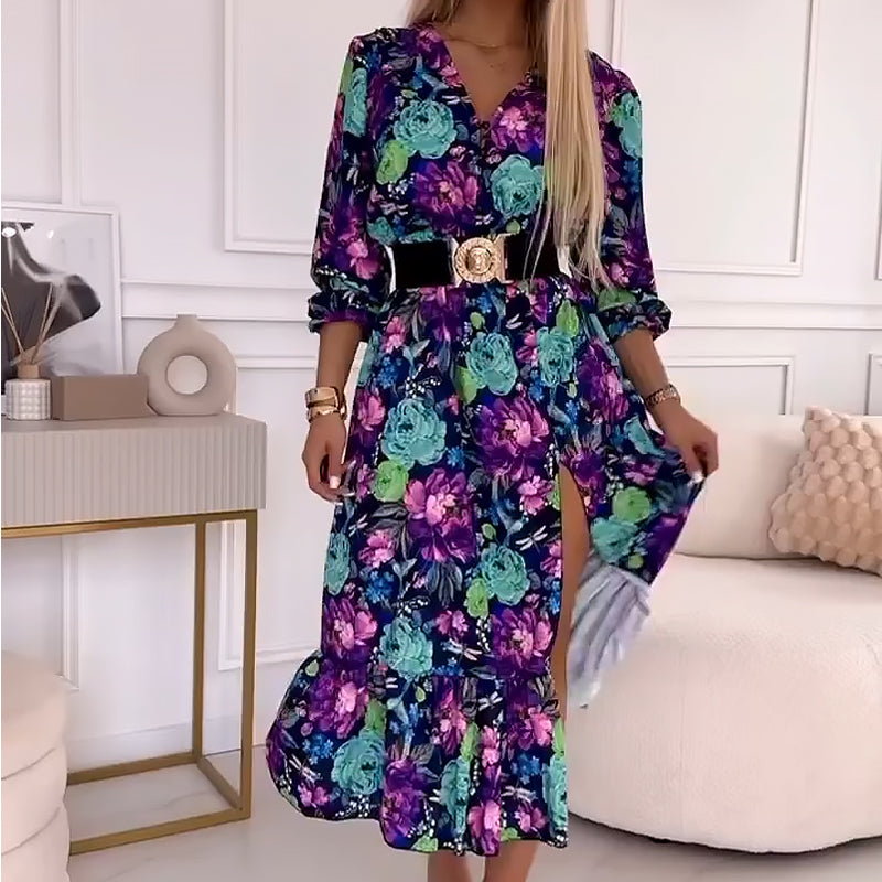 Elegantes Damenkleid mit Blumendruck, V-Ausschnitt und Seitenschlitz