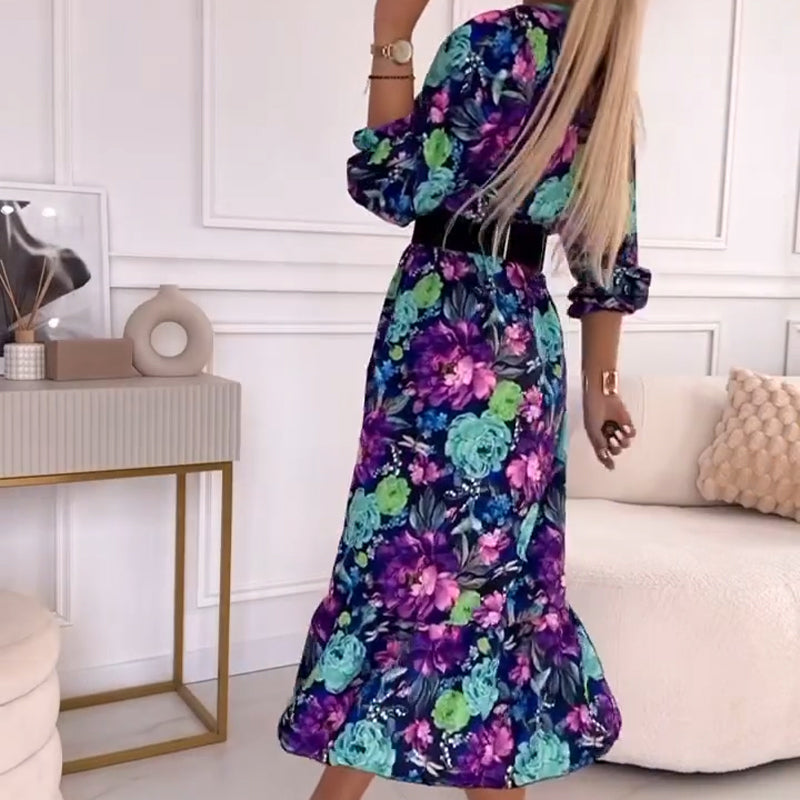 Elegantes Damenkleid mit Blumendruck, V-Ausschnitt und Seitenschlitz