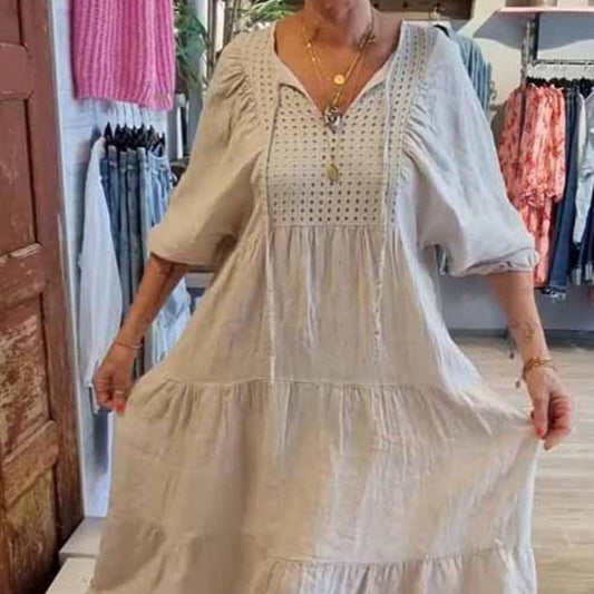 Mehrlagiges, einfarbiges, langes Kleid mit V-Ausschnitt und halben Ärmeln für Damen