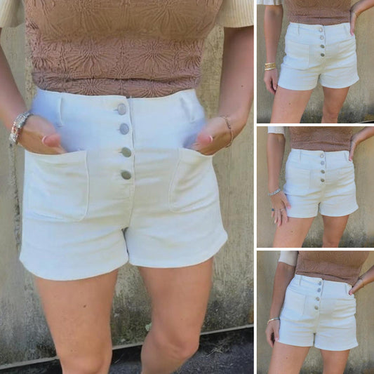 ✨Weiße High-Waist-Jeansshorts für Damen mit mehreren Knopfreihen