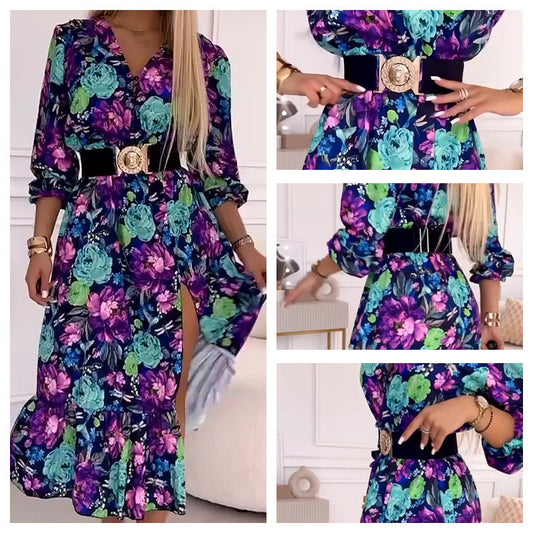 Elegantes Damenkleid mit Blumendruck, V-Ausschnitt und Seitenschlitz